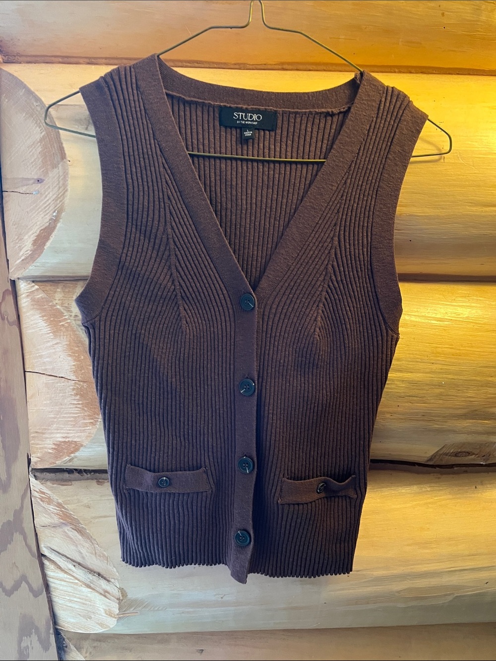Studio Brown Ribbed V-Neck Button-Front Sweater Vest